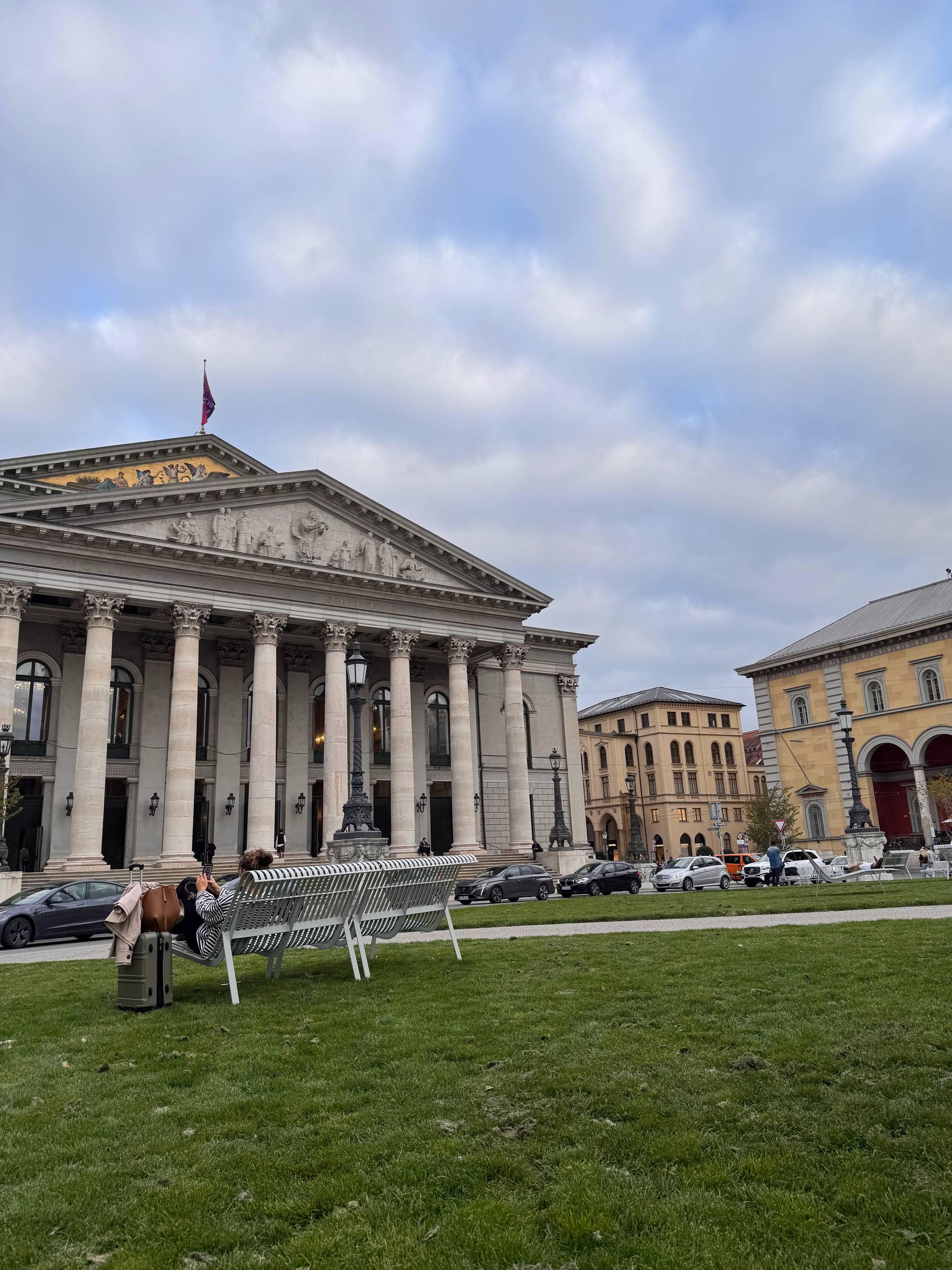 The columned facade of the Nationaltheater, home of the Bavarian State Opera, at Max-Joseph-Platz in Munich