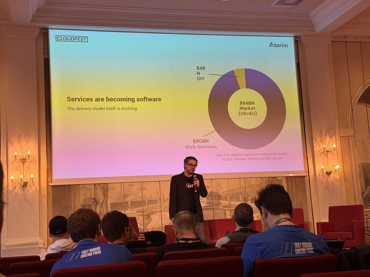 Speaker presenting a slide titled Services are becoming software with a market-size chart, at the Atarim session